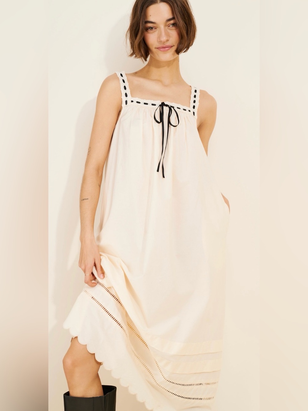Anthropologie Scalloped Hem Midi Dress Square Neck Ribbon Embellished Nightdress
